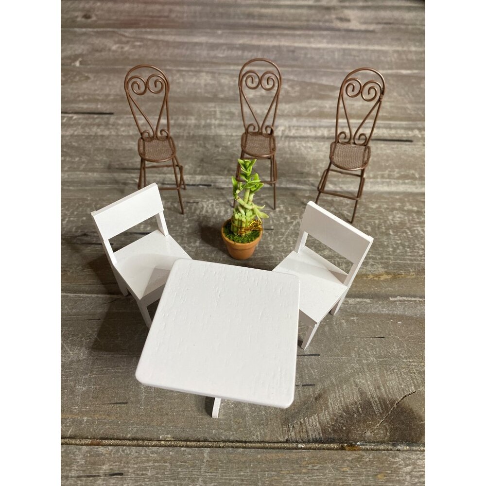 Dollhouse Miniature White Table 2 Chairs Potted Lucky Bamboo Plant‎ Metal Chairs